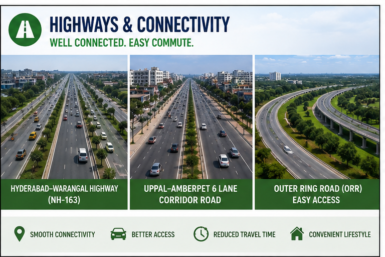 Pocharam Hyderabad connectivity via Hyderabad-Warangal Highway, Uppal-Amberpet 6-lane corridor and Outer Ring Road (ORR)