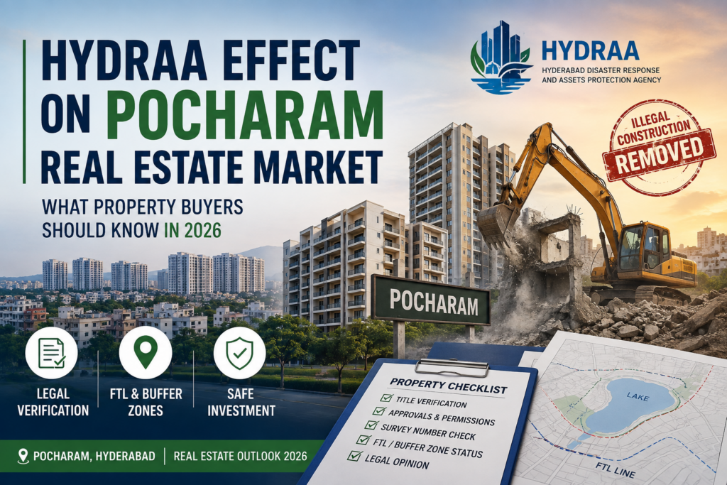 HYDRAA effect on Pocharam real estate market in 2026, highlighting property verification, FTL and buffer zones, legal approvals and safe investment