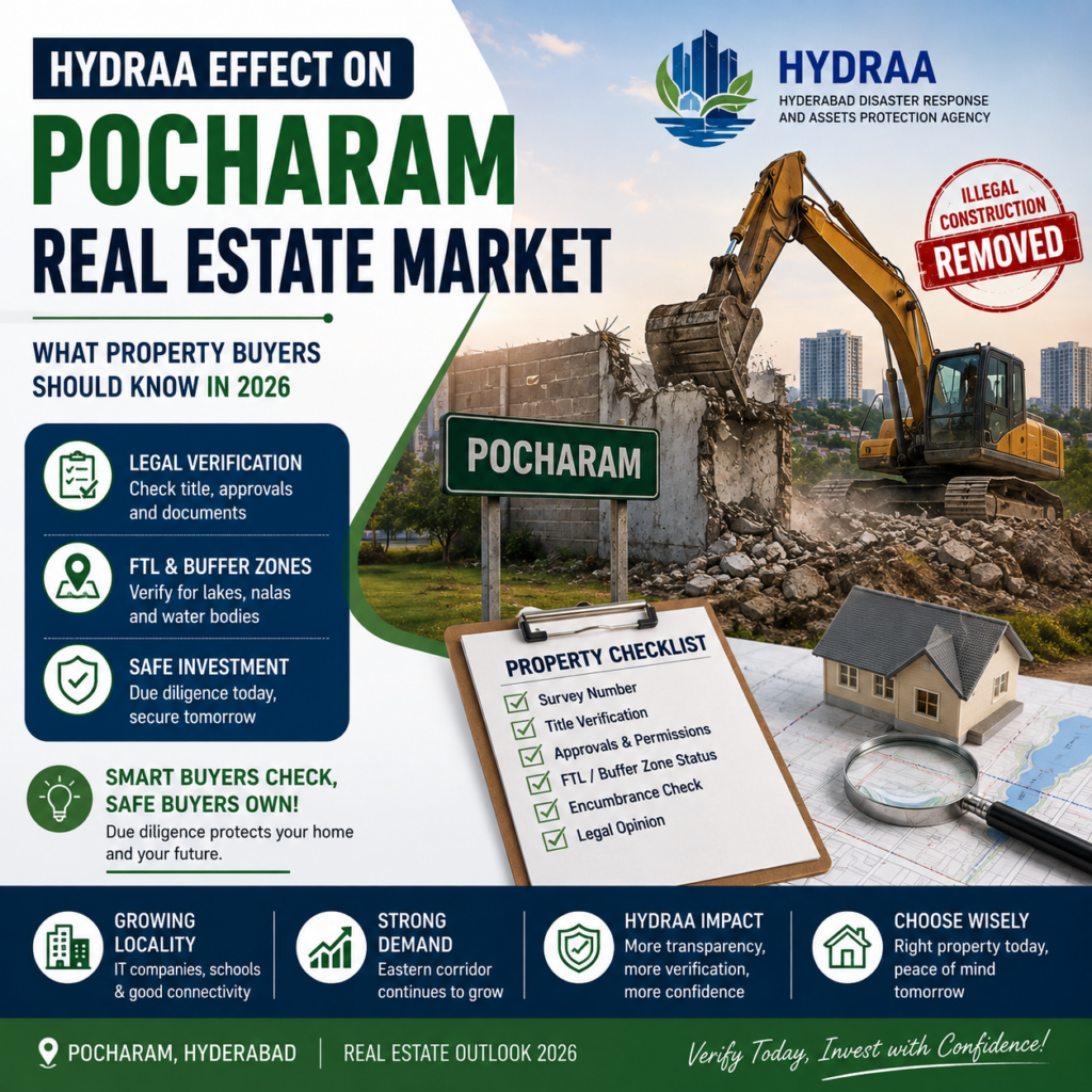 HYDRAA Effect on Pocharam Real Estate Market HYDRAA effect on Pocharam real estate market in 2026, highlighting legal verification, FTL and buffer zones, property due diligence and safe investment