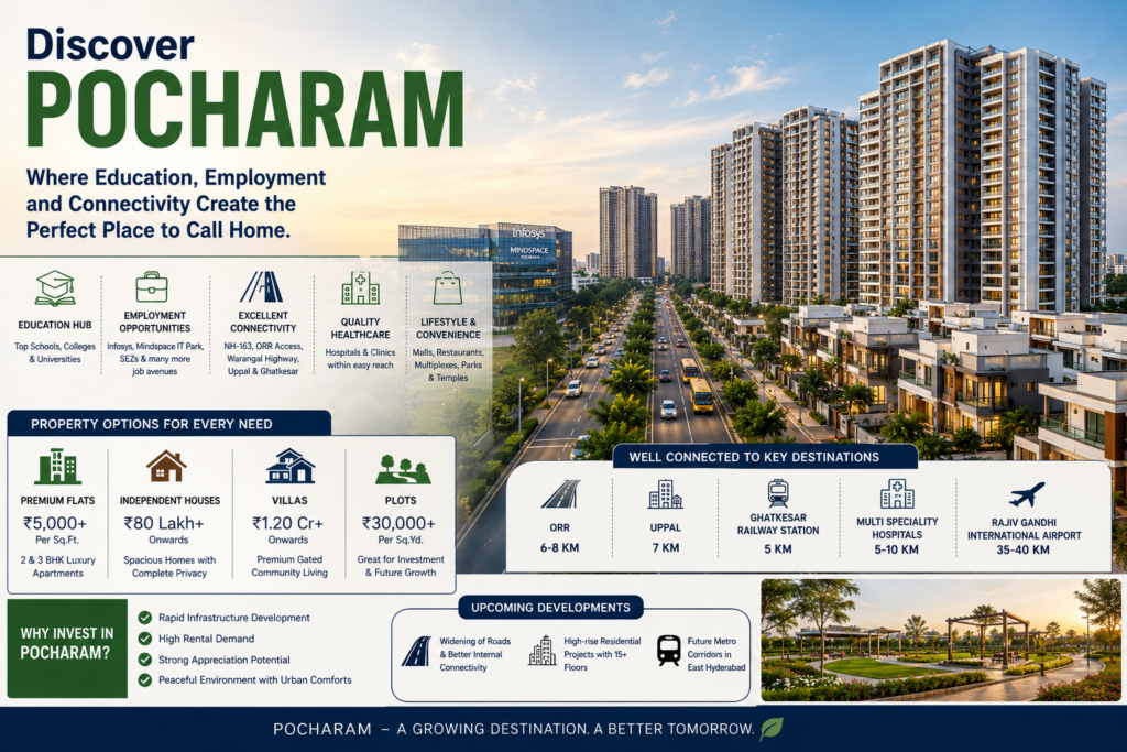 Pocharam Hyderabad real estate with premium flats, villas, independent houses, plots, IT companies, highways and upcoming developments